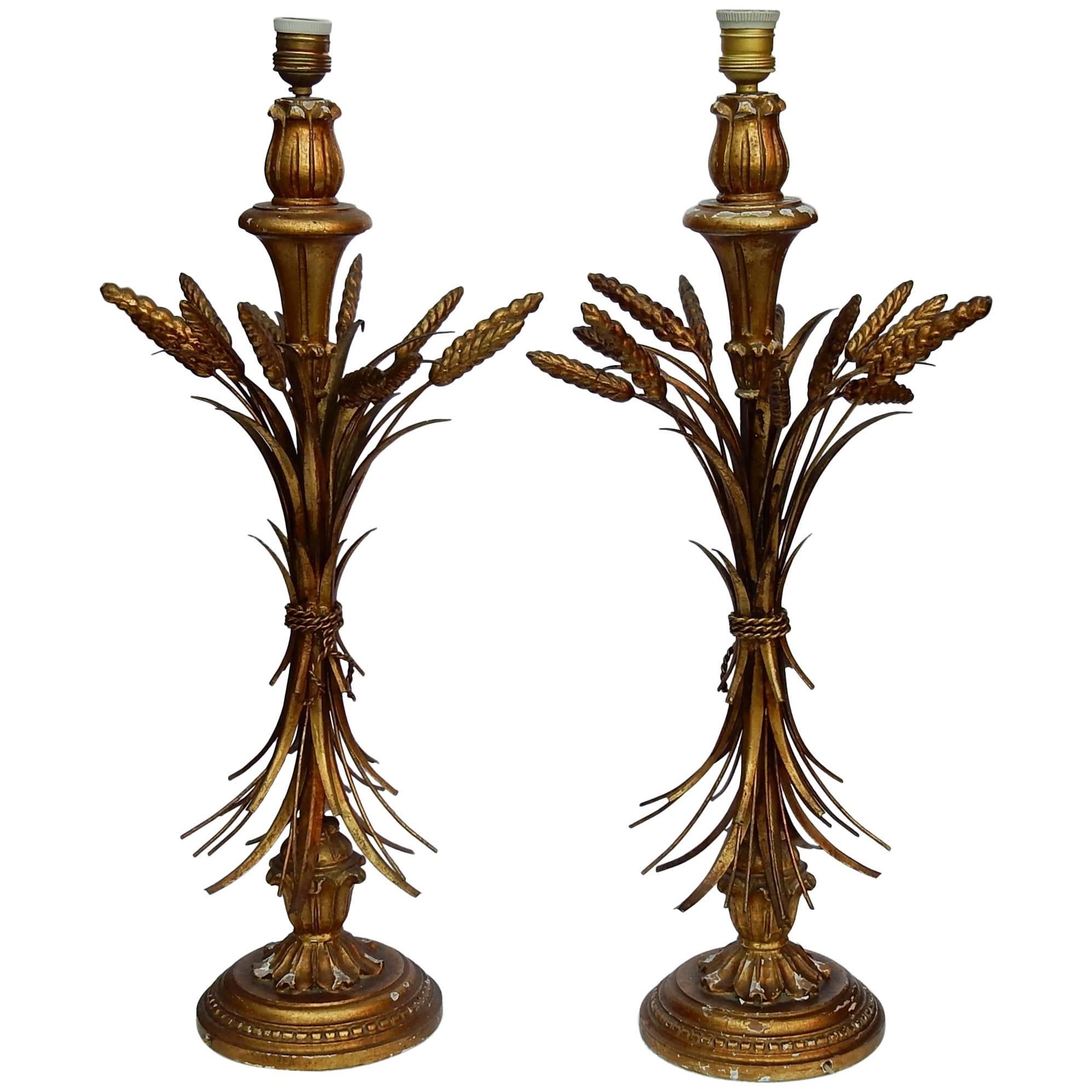 1950-1970 Pair of Golden Wood Lamps with Sheaf of Wheat