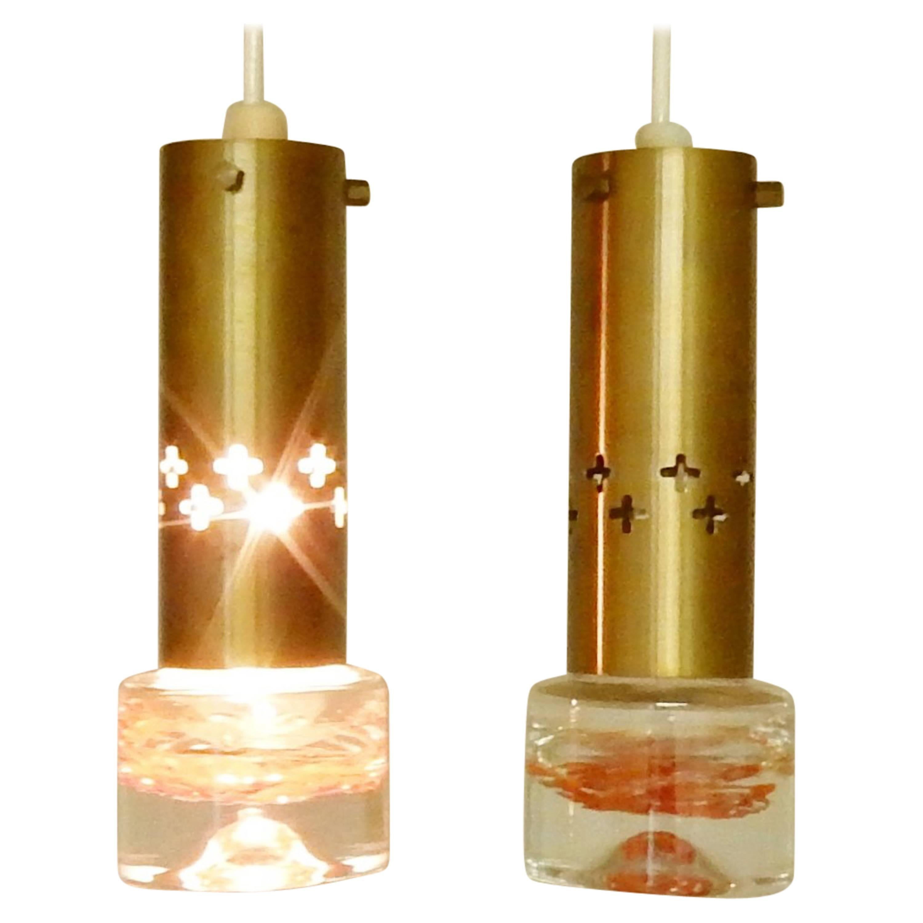 Set of Two Swedish Pendant Lights in Brass and Glass, Sweden, 1960s-1970s For Sale