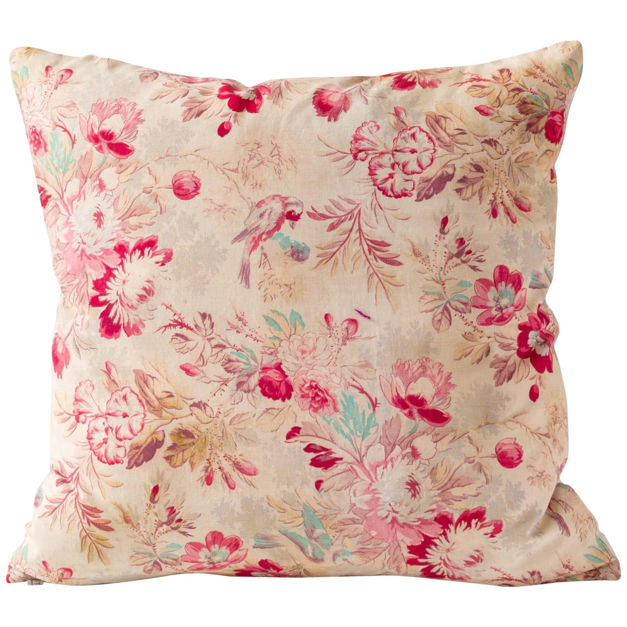 19th Century Block Print Cushions- Floral Red Turquoise Tan Pink, Large