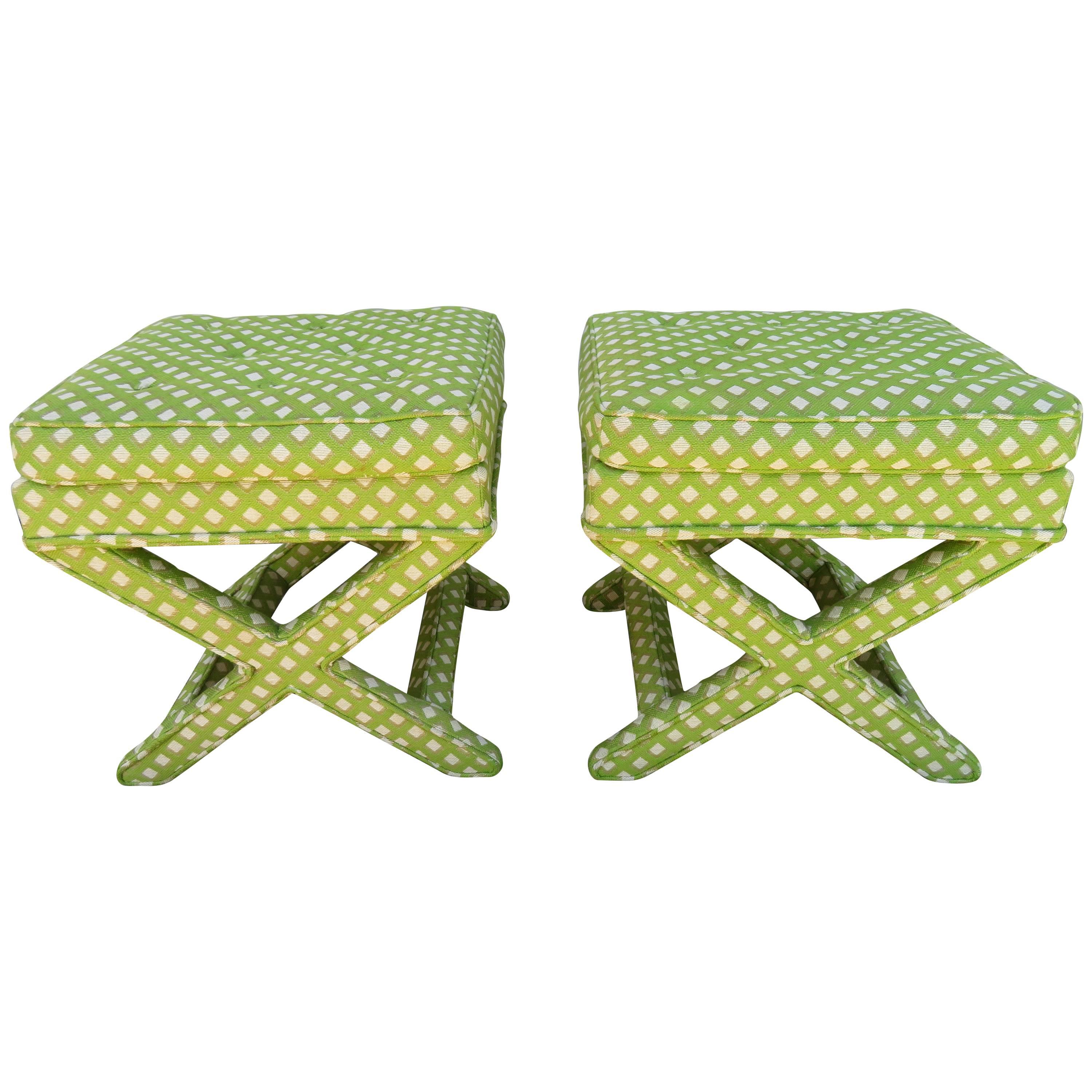 Lovely Pair of Midcentury X-Base Ottoman Stools by Billy Baldwin