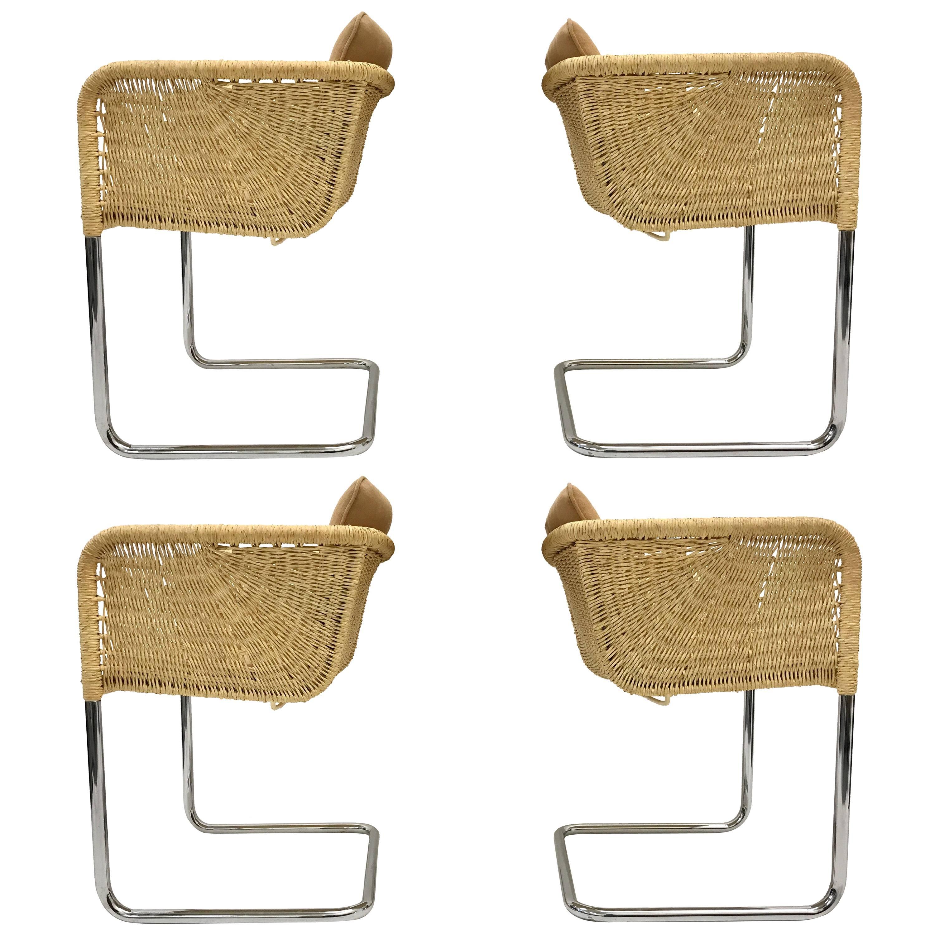 Set of Four Wicker and Chrome Cantilever Chairs by Harvey Probber