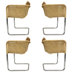 Set of Four Wicker and Chrome Cantilever Chairs by Harvey Probber