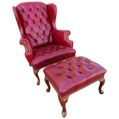 Vintage Handsome Chesterfield Tufted Red Leather Wingback Chair and Ottoman Midcentury