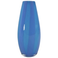 Midcentury Circus Tent Art Glass Vase in Aqua Blue with Lavender Stripes