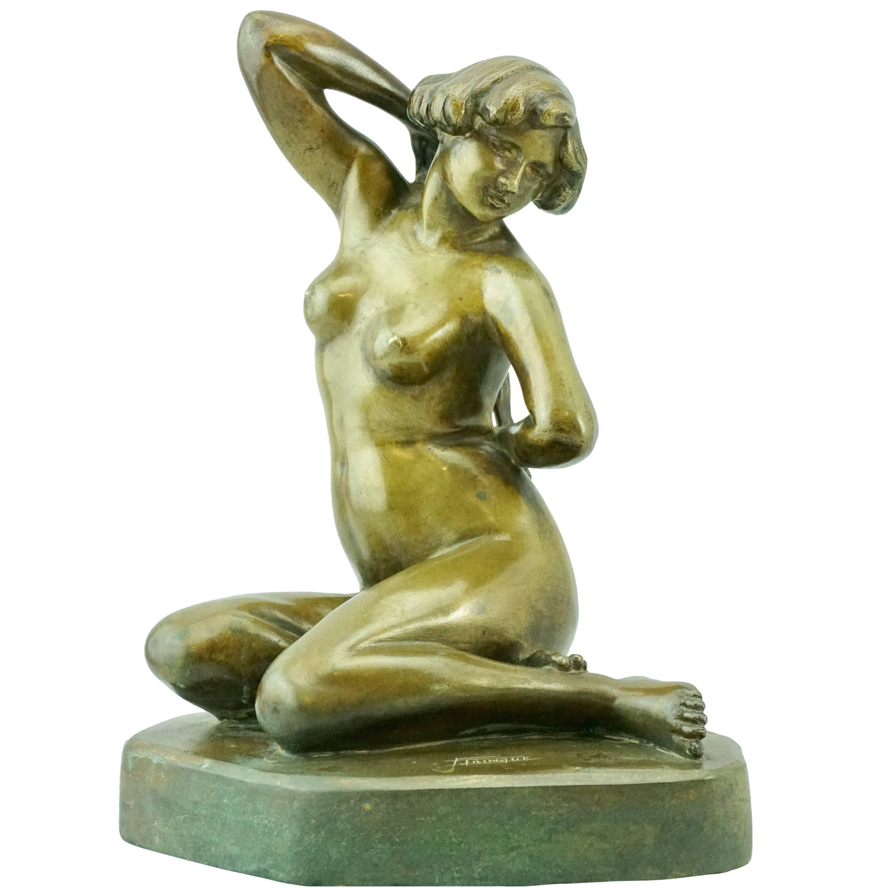 Charming French Art Deco Bronze Nude by F. Trinque, 1930