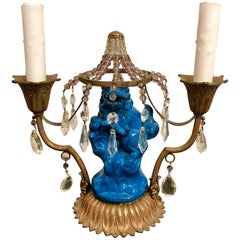 Chinese Export Turquoise Foo Dog Lamp, with French Bronze and Crystal Mounts
