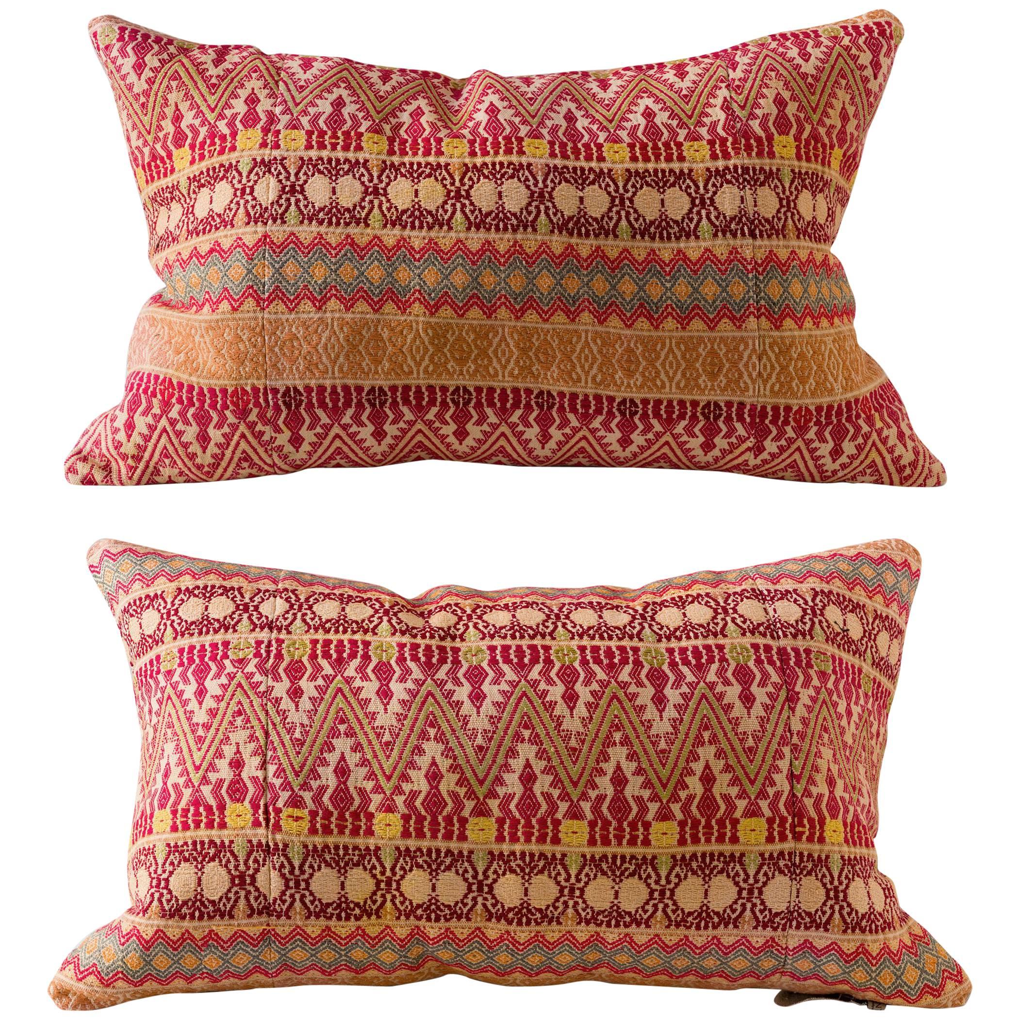 Contemporary Artisan Hand-Loomed Pillows, Red Maroon Yellow Green For Sale