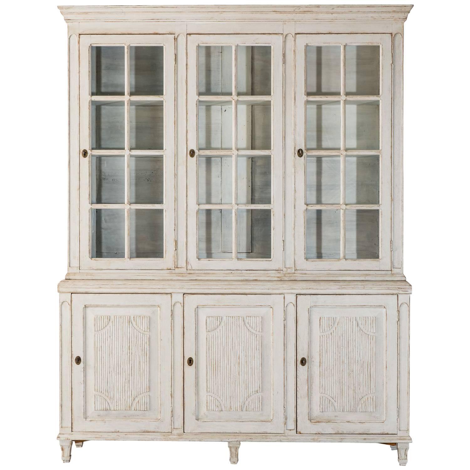 19th Century Swedish Gustavian Three-Door Glass Vitrine Bookcase Cabinet