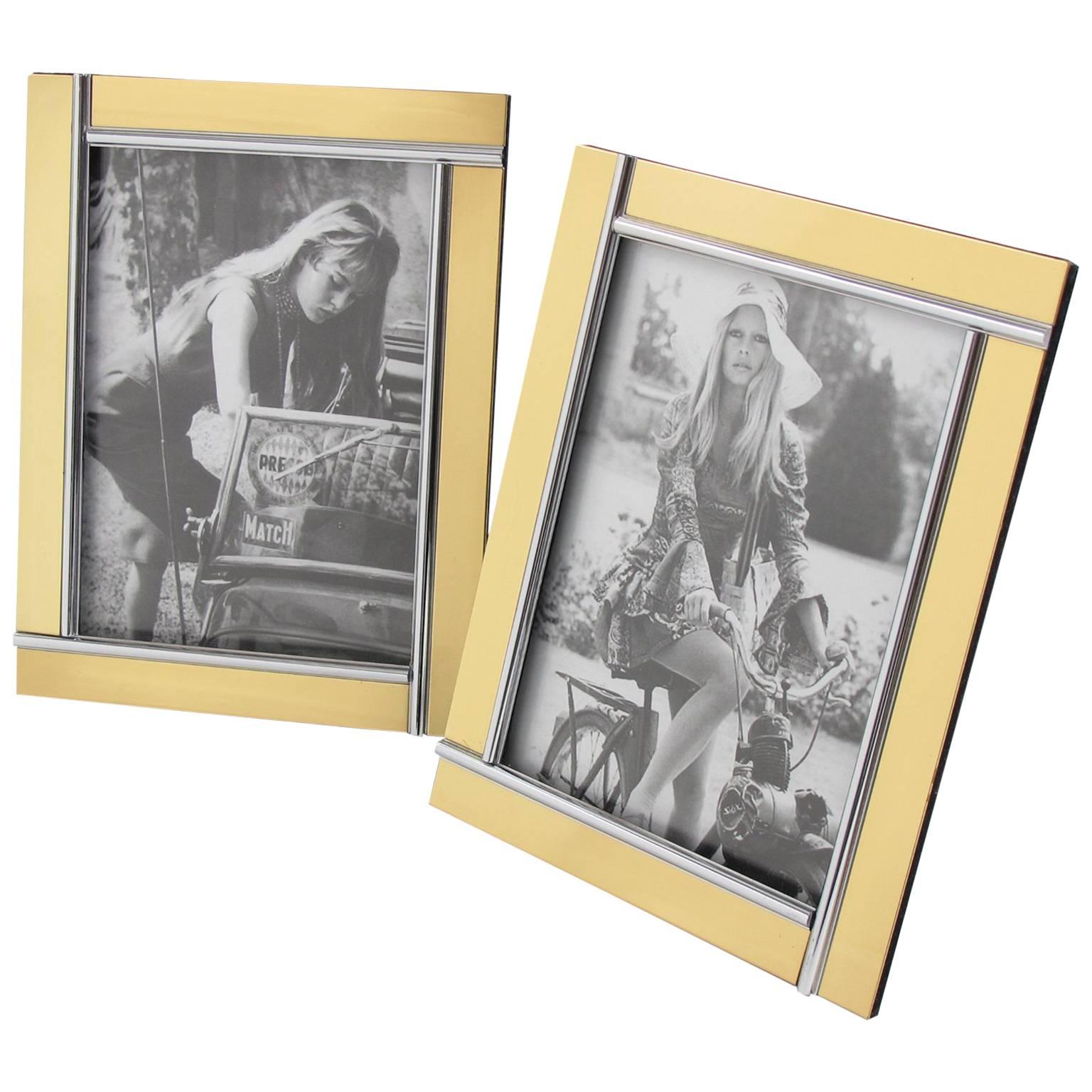 Modernist Pair of Picture Photo Frame Chrome and Brass by Noel B.C, Italy, 1970