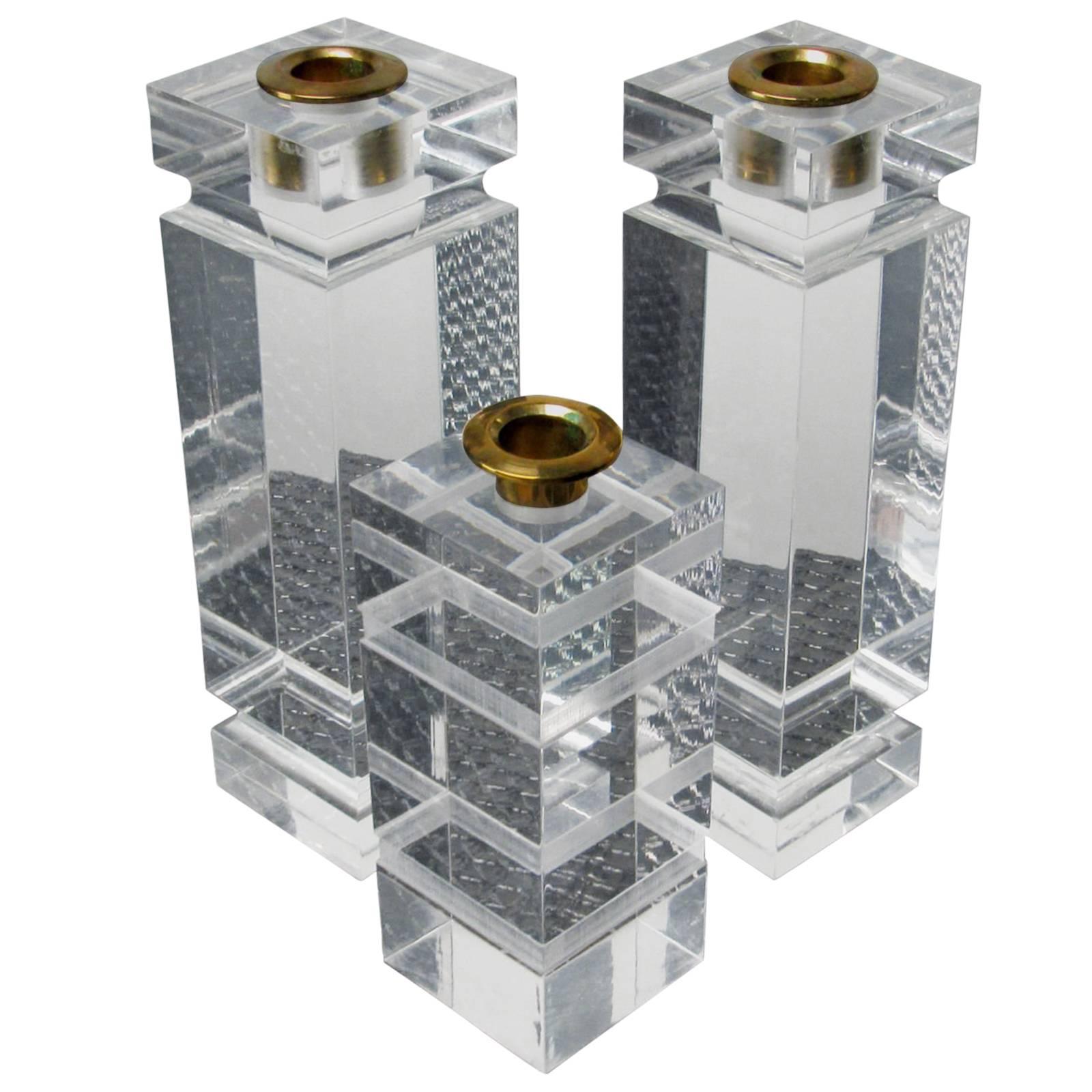Set of Lucite & Brass Candle Holders in the style of Charles Hollis Jones For Sale