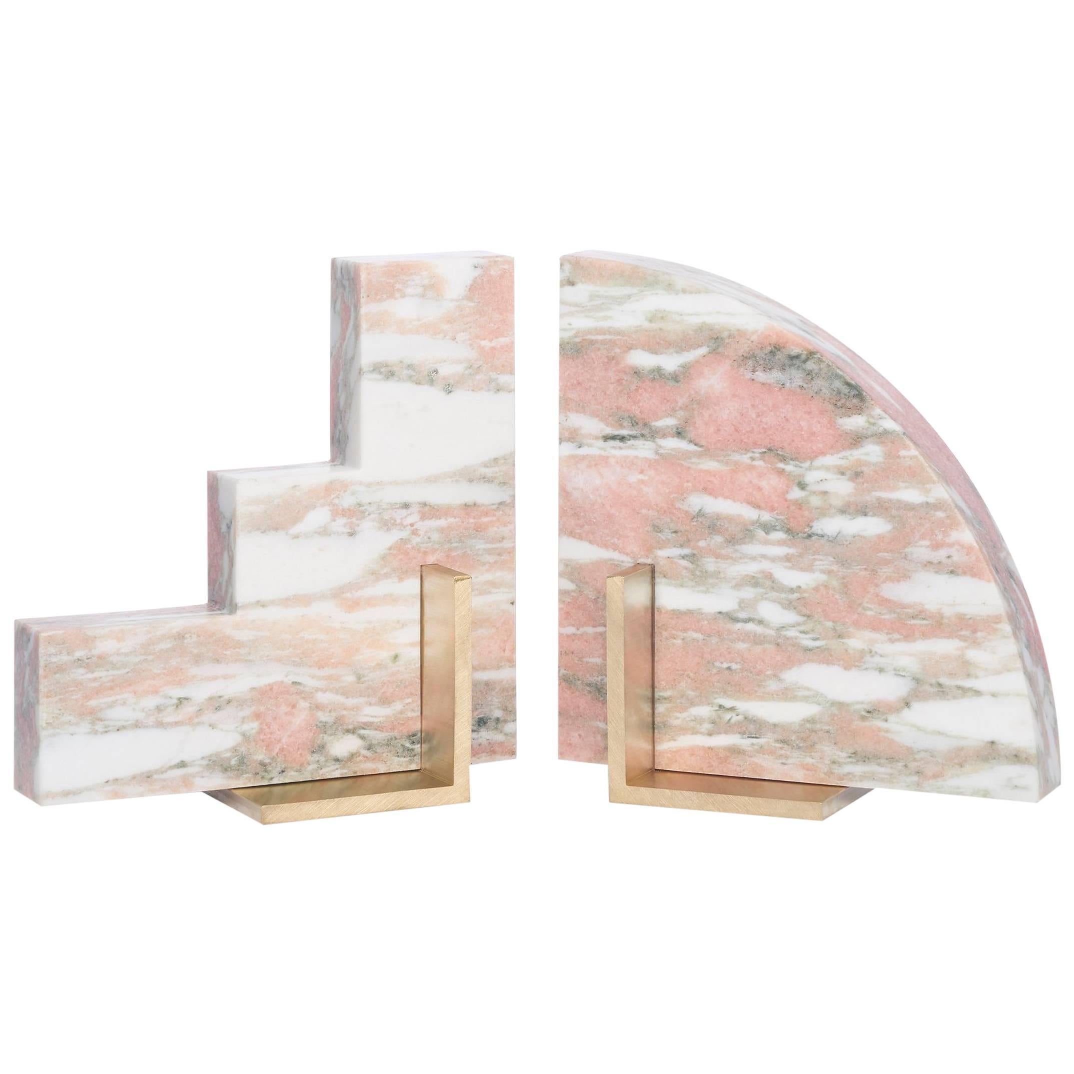 Odd Couple Bookends in Norwegian Rose Marble For Sale