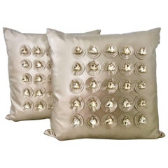 Pair of Contemporary Metallic Leather & Swarorvski Crystal Gem Stud Pillows
