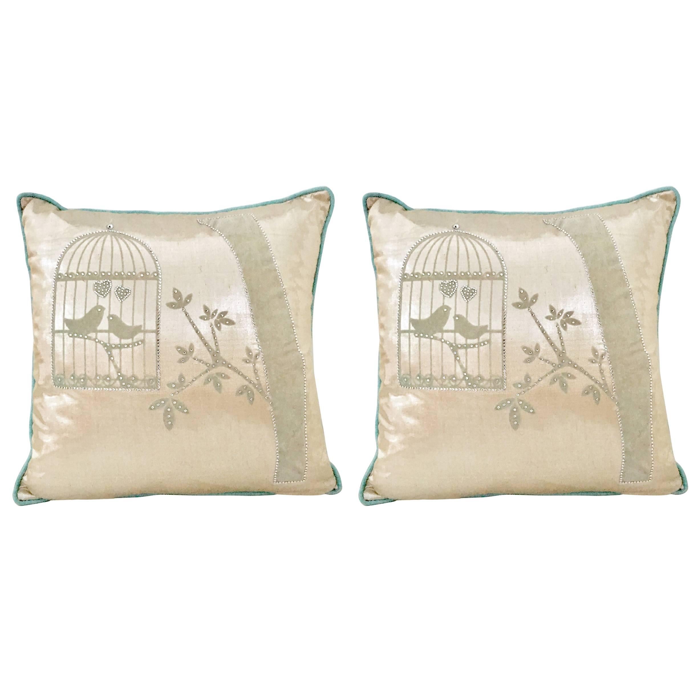 Pair Of Contemporary Silk & Down "Bling" Bird Cage Pillows