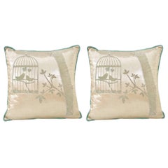 Pair Of Contemporary Silk & Down "Bling" Bird Cage Pillows