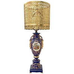 Antique French Sevres Style Cobalt & 22-Karat Gold Hand-Painted Vase Lamp