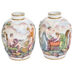 Antique Pair of Capodimonte Porcelain Urns Vases Jars, circa 1900