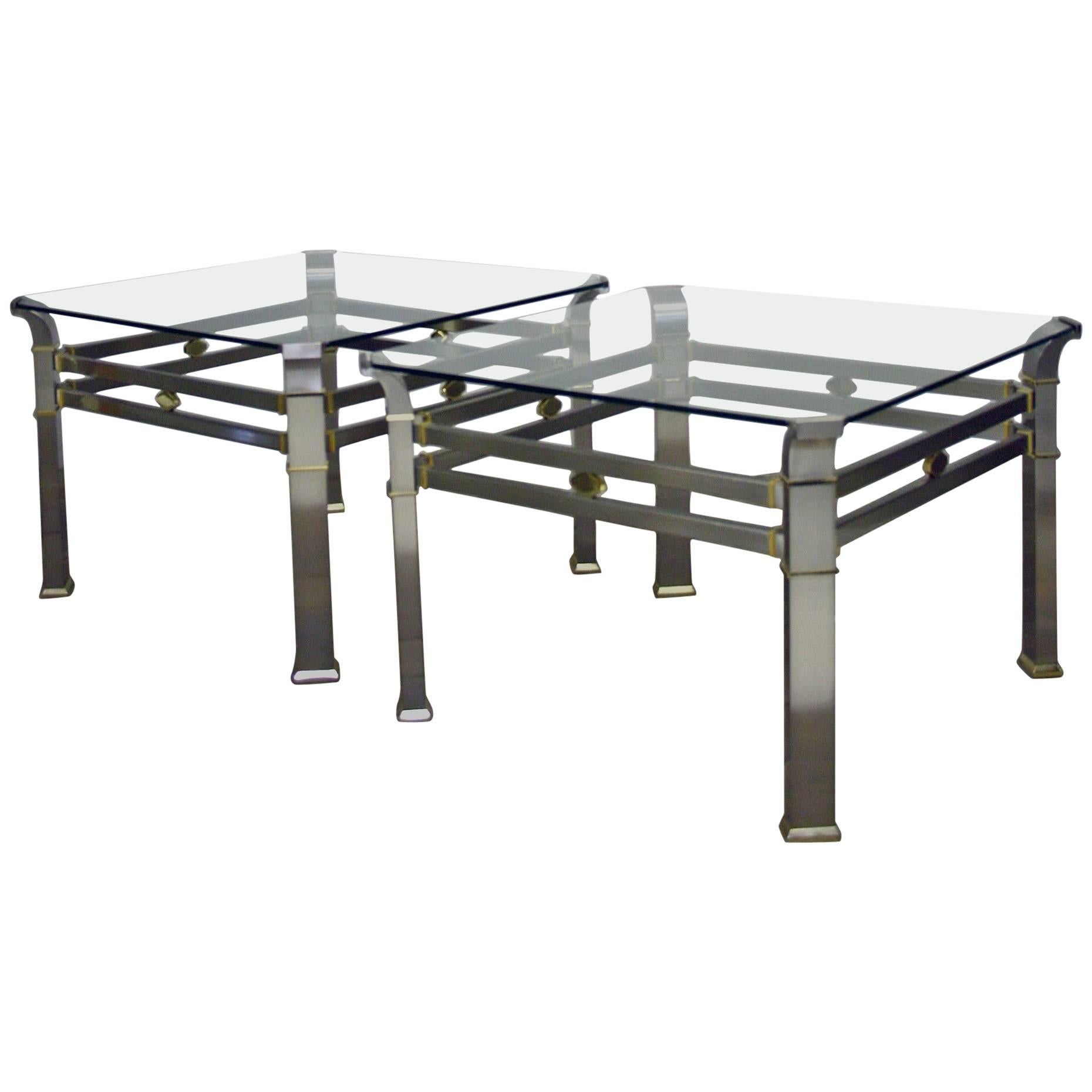 Pair of Brushed Steel and Brass Side Tables