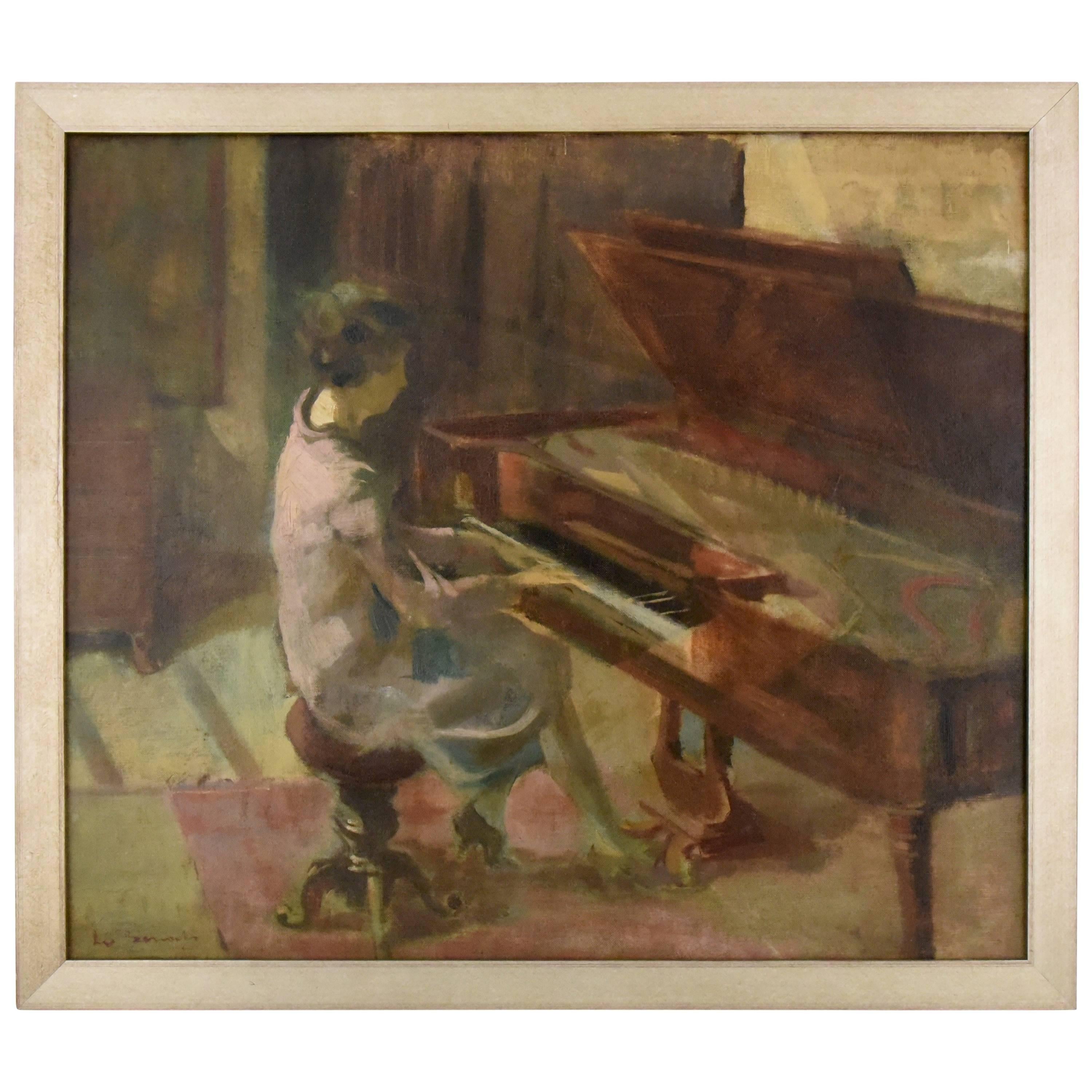 Art Deco Oil Painting Woman at the Piano Leo Bervoets Belgium 1920