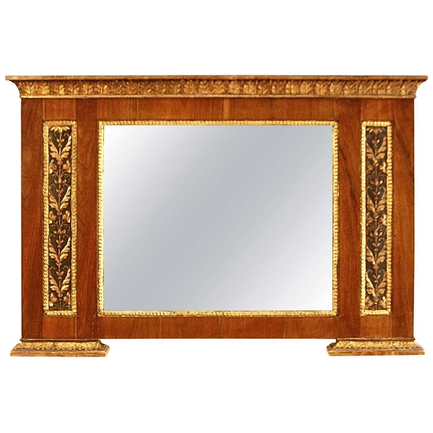 Early 19th Century North Italy Neoclassical Walnut Giltwood Overmantel Mirror 