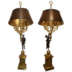 Antique Pair of French Neoclassical Style Gilt and Patinated Bronze Torcheres with Shade