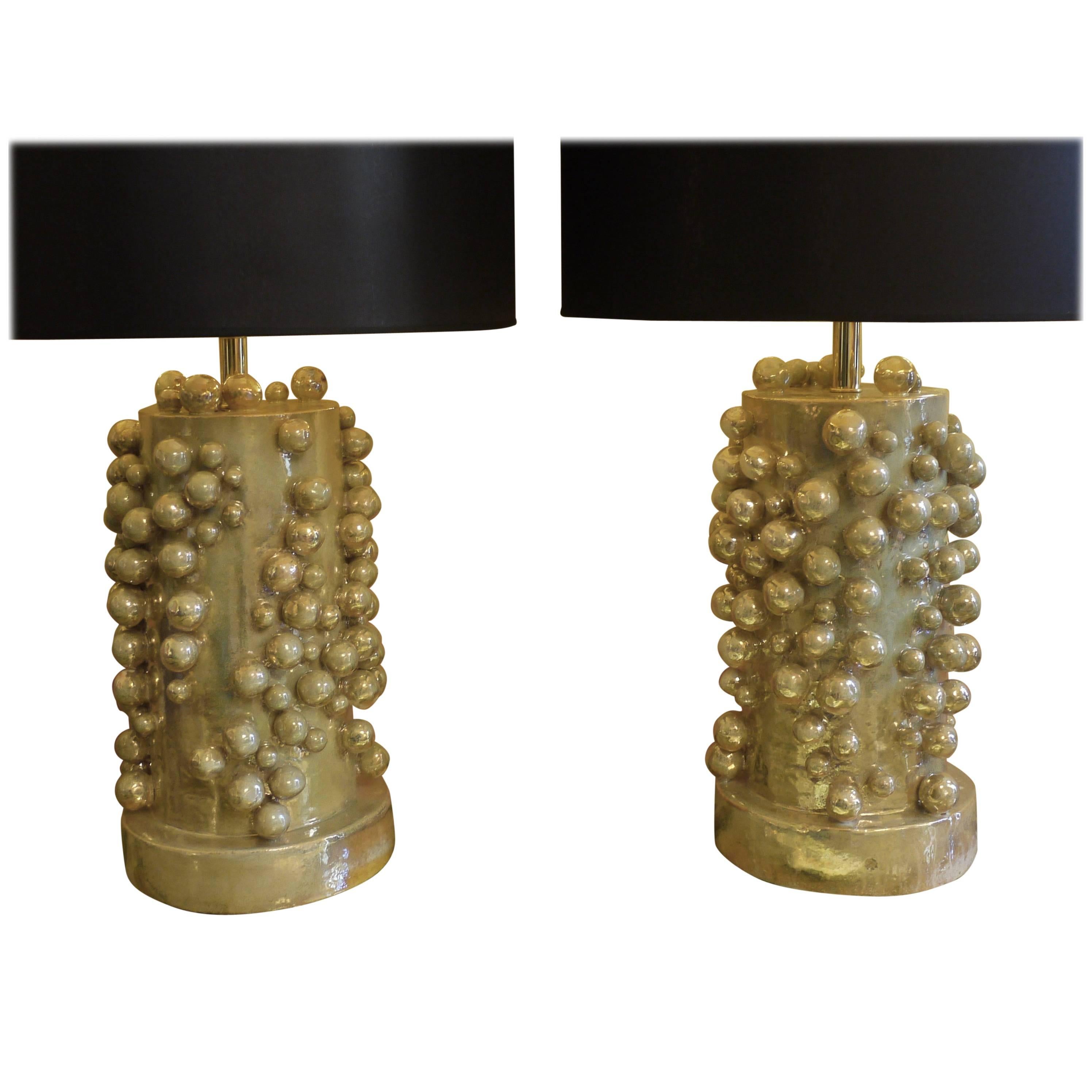 Gorgeous Pair of Late 20th Century Green Gold Earthenware Table Lamps