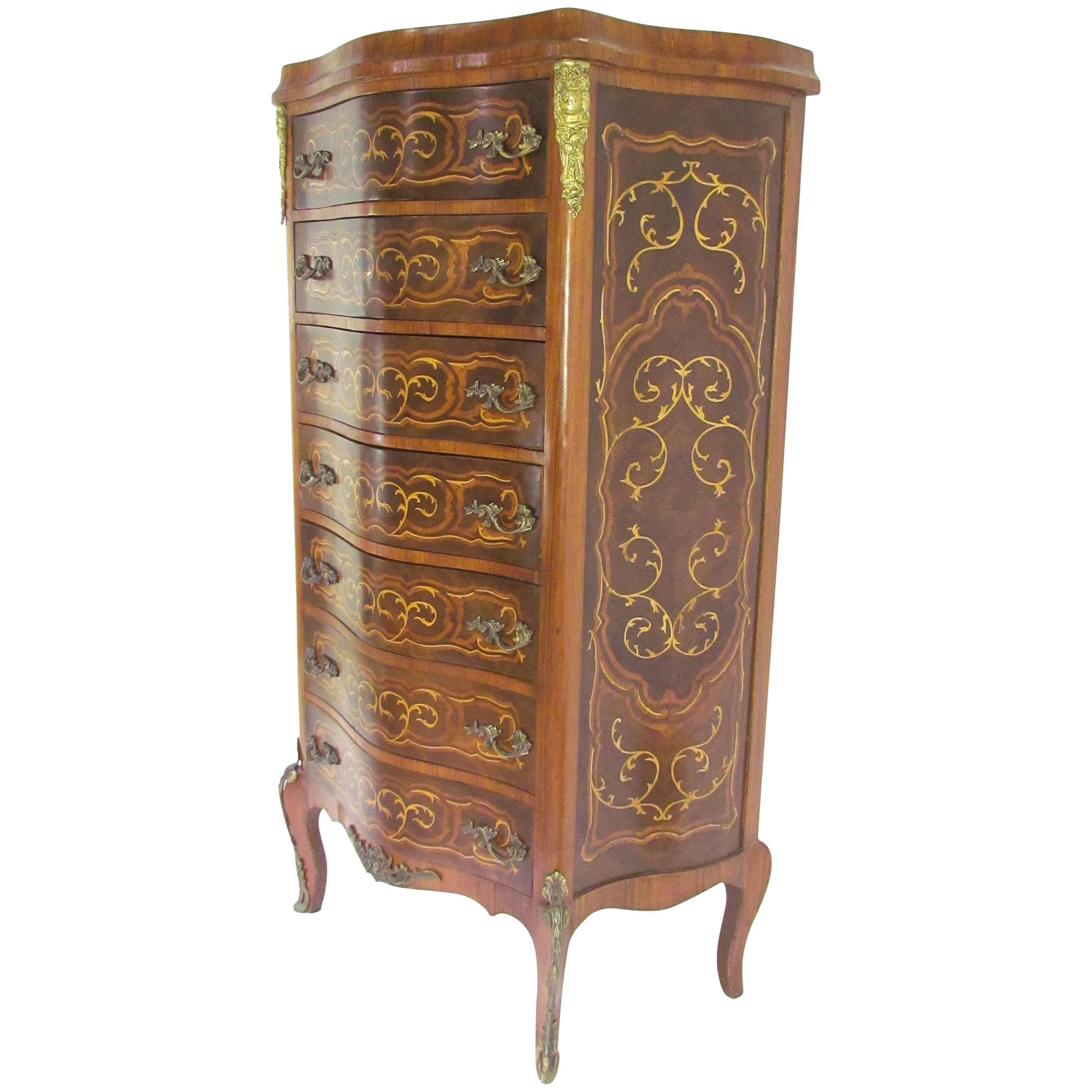 French Louis XV Style Semainier Dresser with Marquetry Inlay