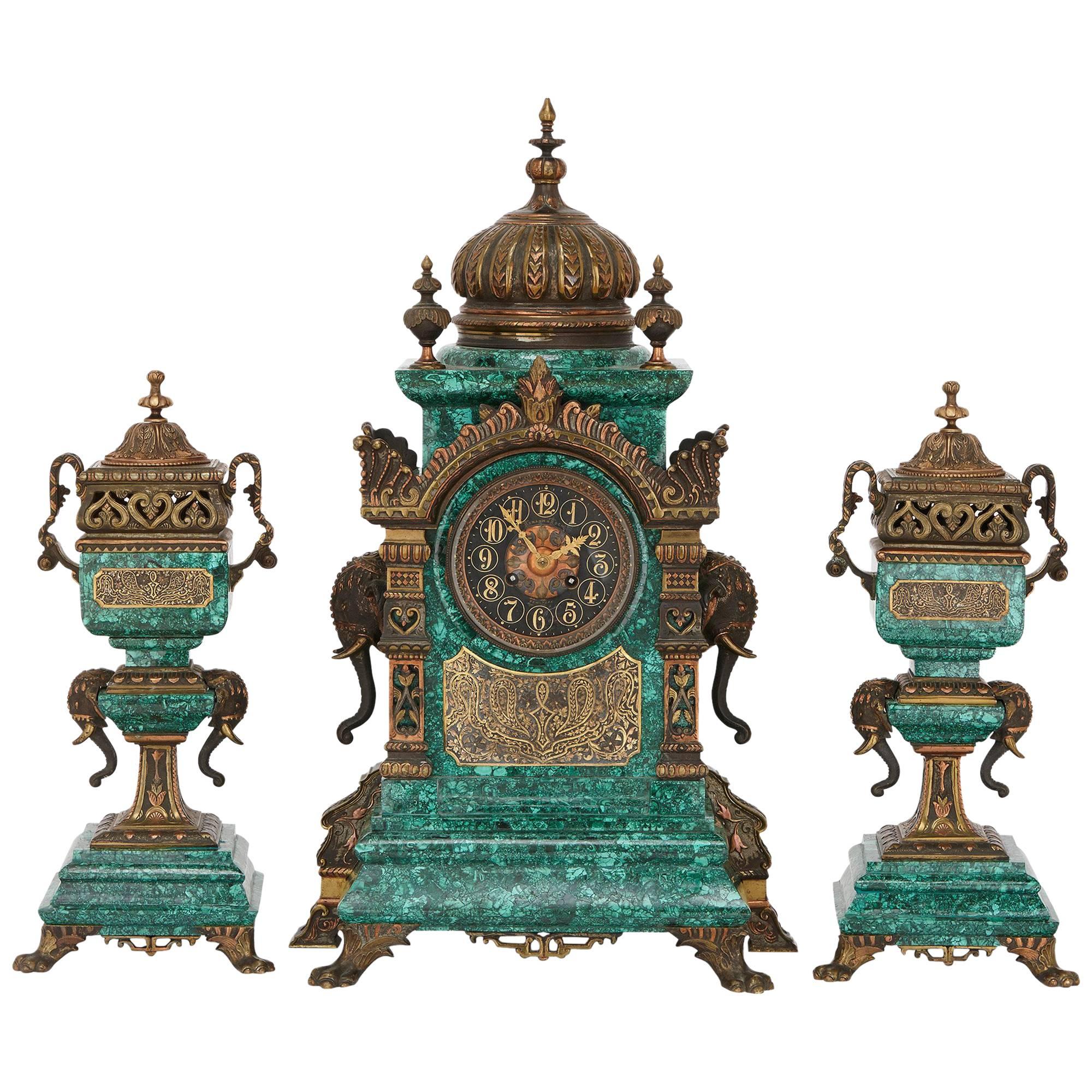 Gilt Bronze and Malachite Three-Piece Clock Set in the Moorish Revival Style