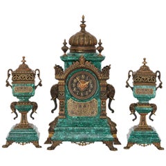 Antique Gilt Bronze and Malachite Three-Piece Clock Set in the Moorish Revival Style