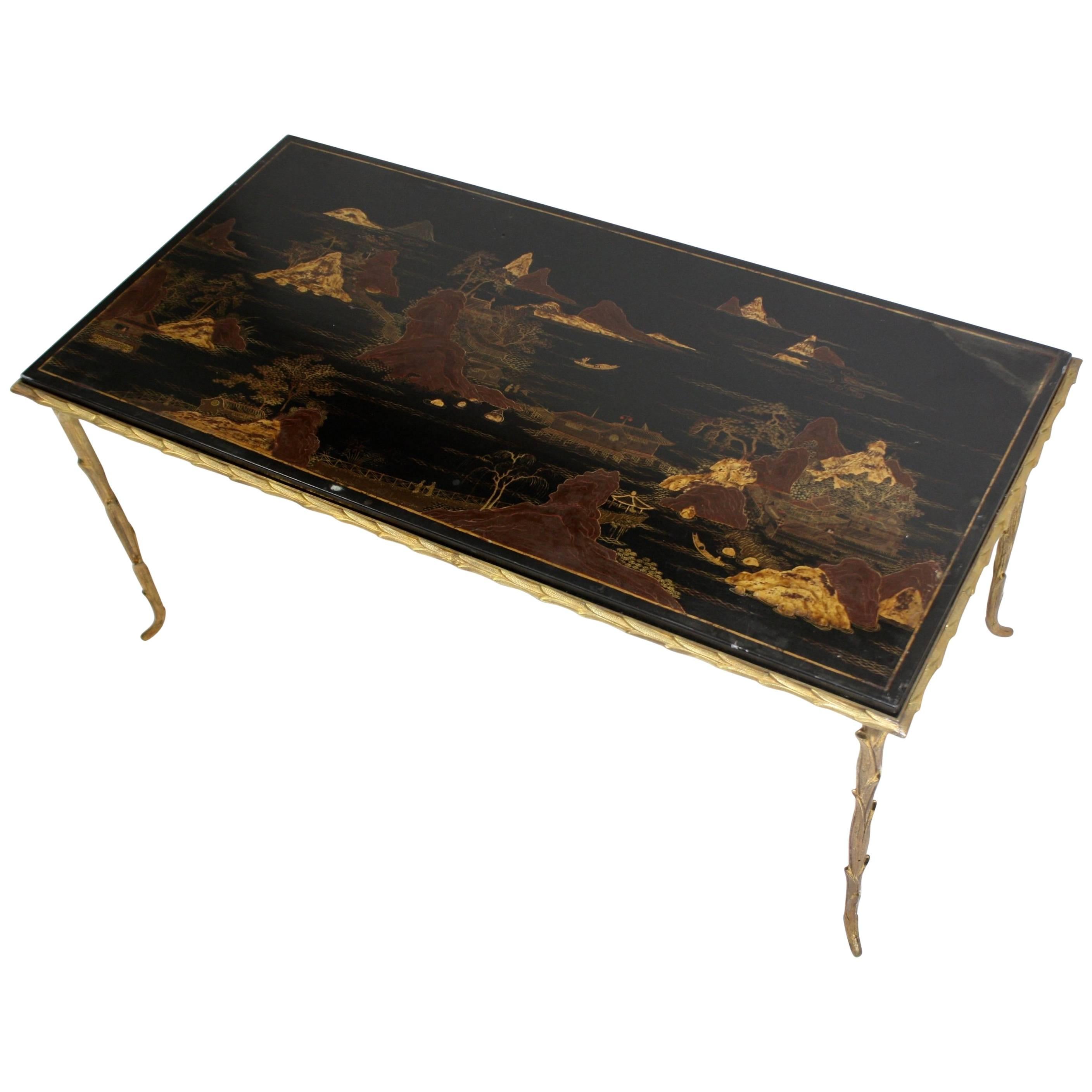 Black Lacquered Chinoiserie Coffee Table by Maison Baguès