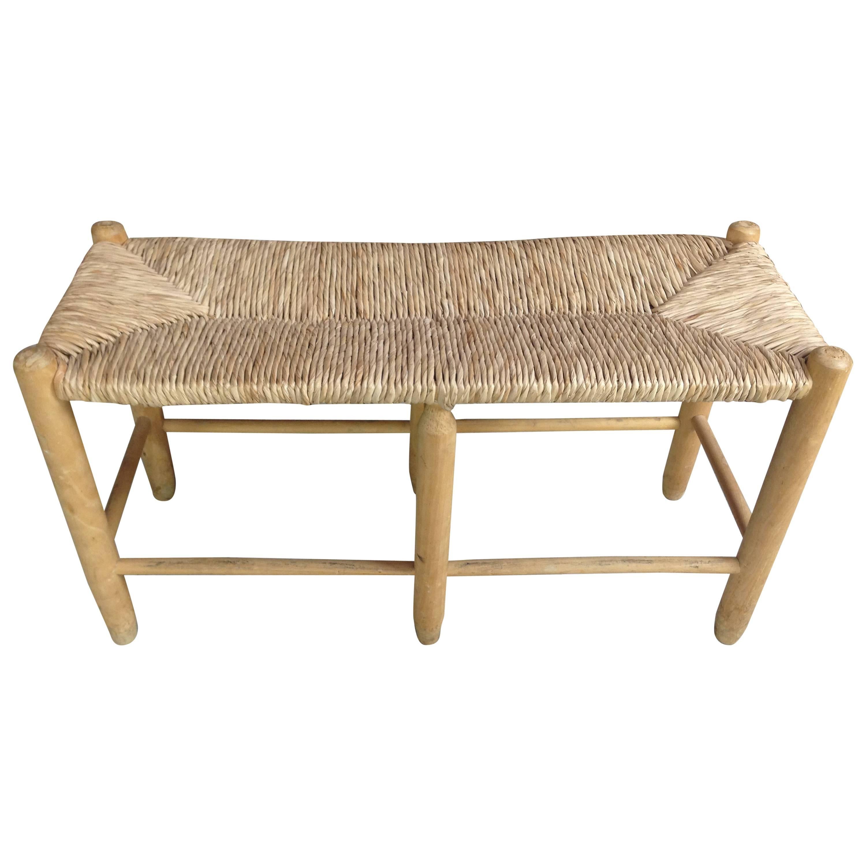 French Design of the 1950s Bench Wooden Straw and Wood