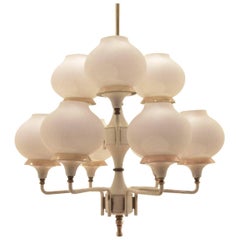 Exquisite Midcentury Italian Double Layer Glass & Brass Chandelier Pendant Lamp