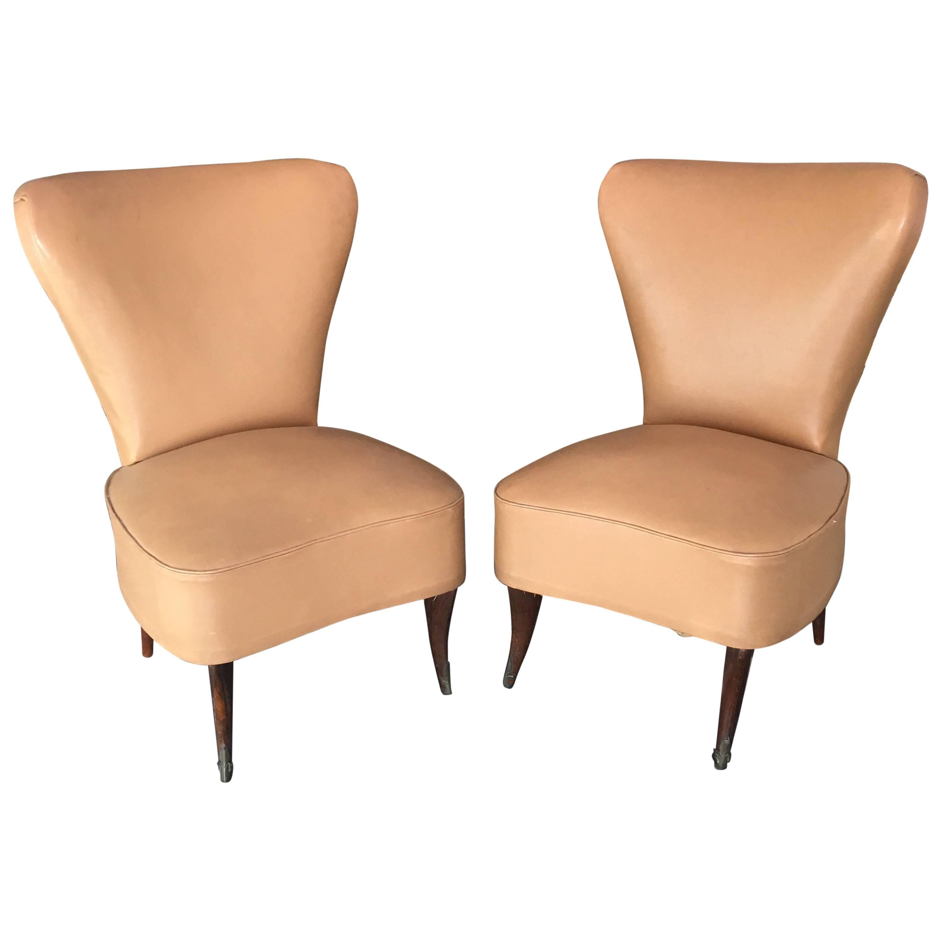 Pair of Italian Low Beige Leather Chairs, 1950's