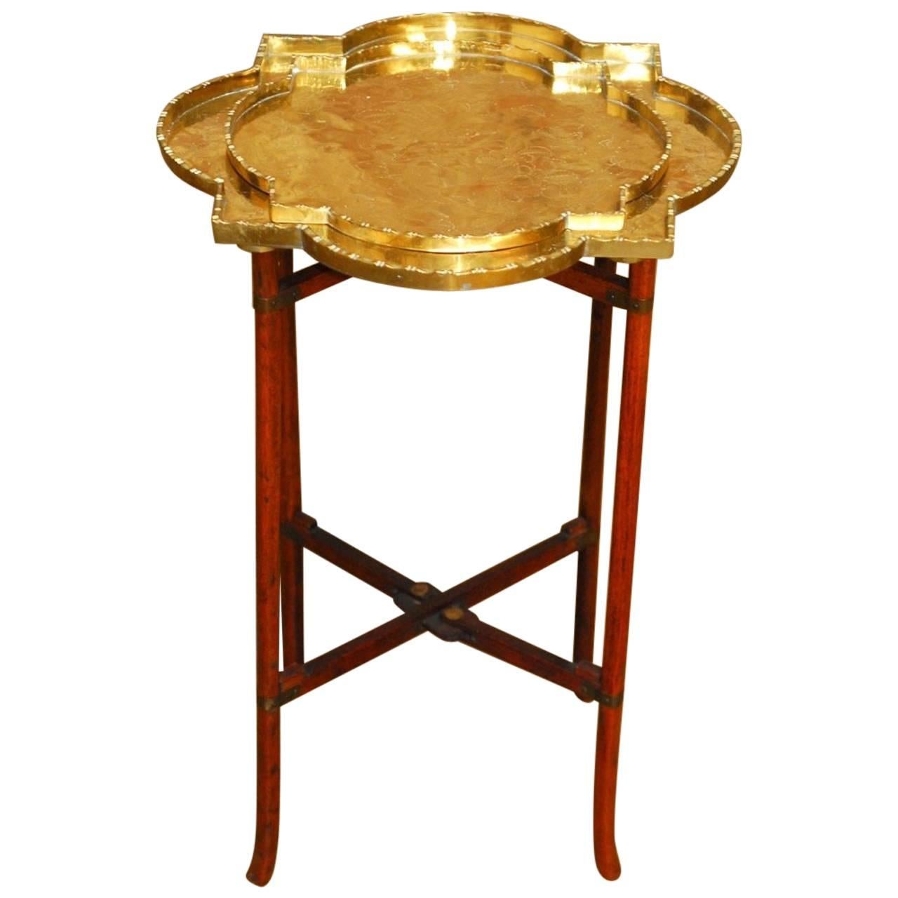 Asian Folding Brass Quatrefoil Tray Table or Drink Table