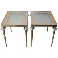 Pair of Modern Brushed Steel and Copper Display Tables Pair of Modern Brushed Steel and Copper Display Tables