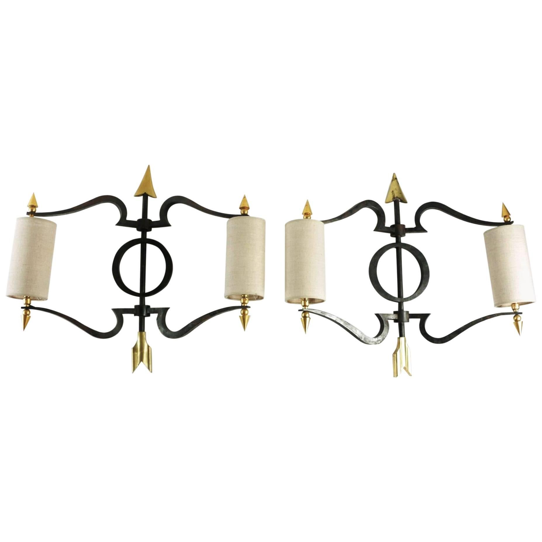 Spectacular Pair of Bronze Wall Lights by Jacques Tournus, France, 1940s