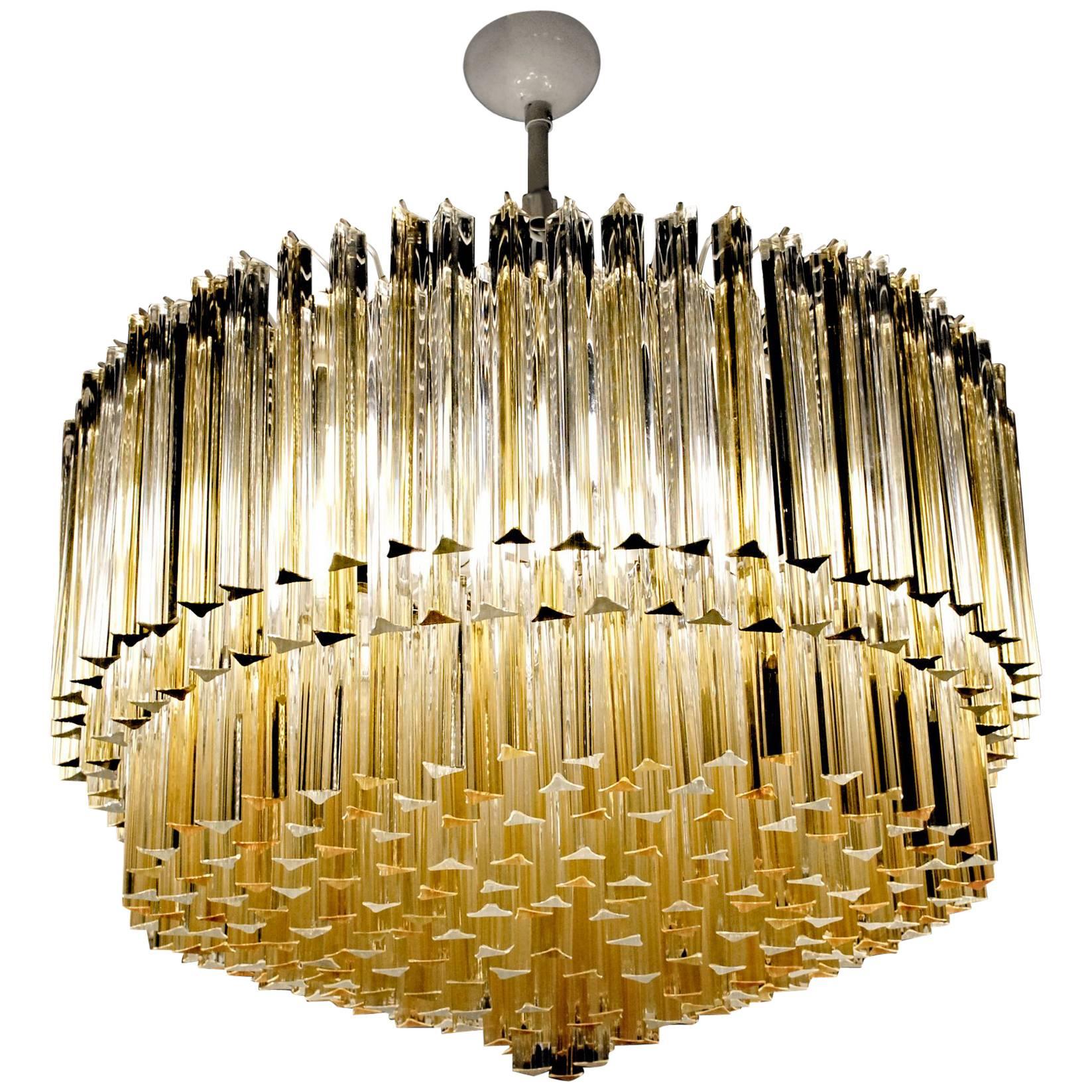 Murano Clear and Amber Glass Triedri Chandelier attributed to Venini, 1980s