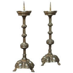 Pair of 19th Century, French Gothic Brass Candlesticks