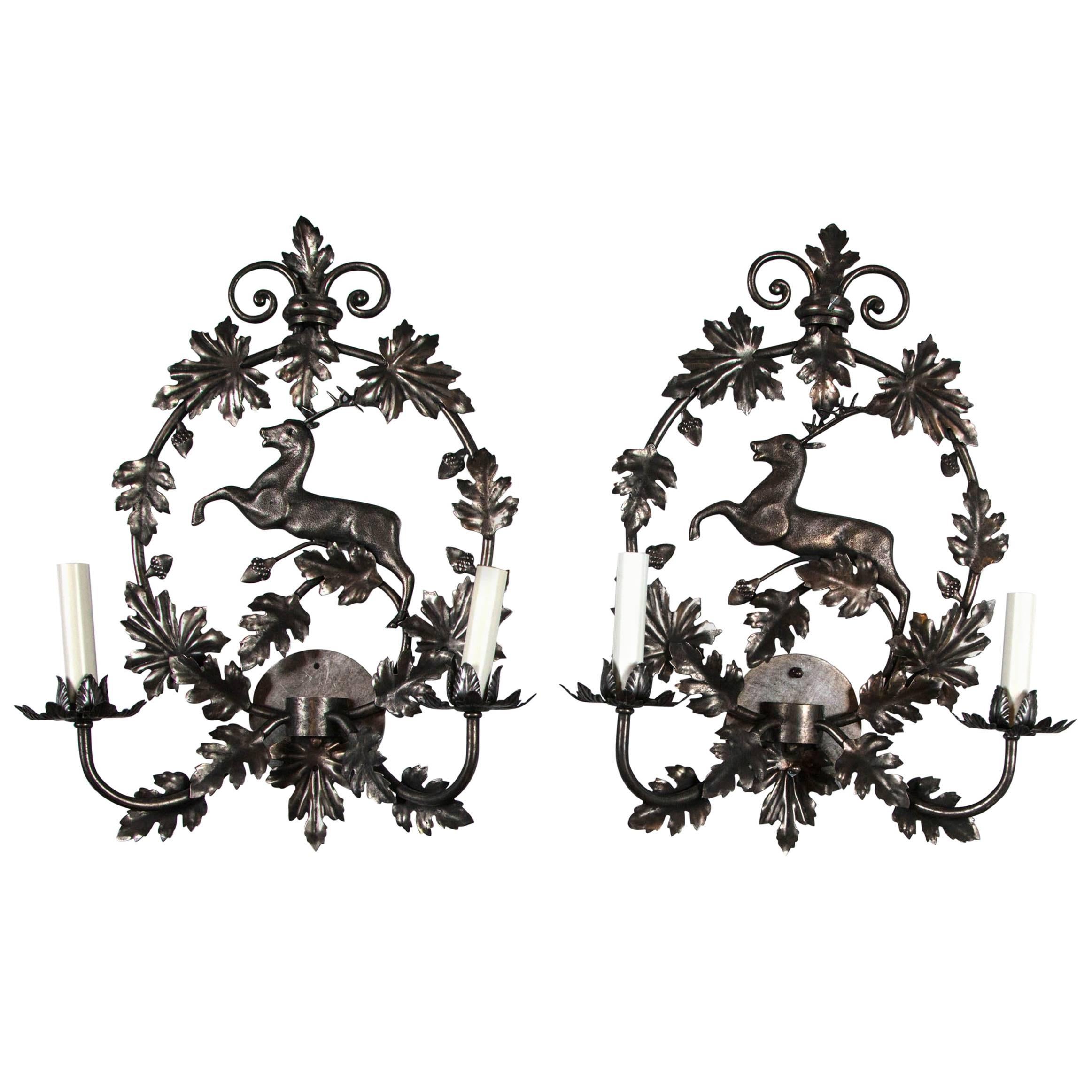 Pair of New, Old Stock Handcrafted Metal Stag Sconces