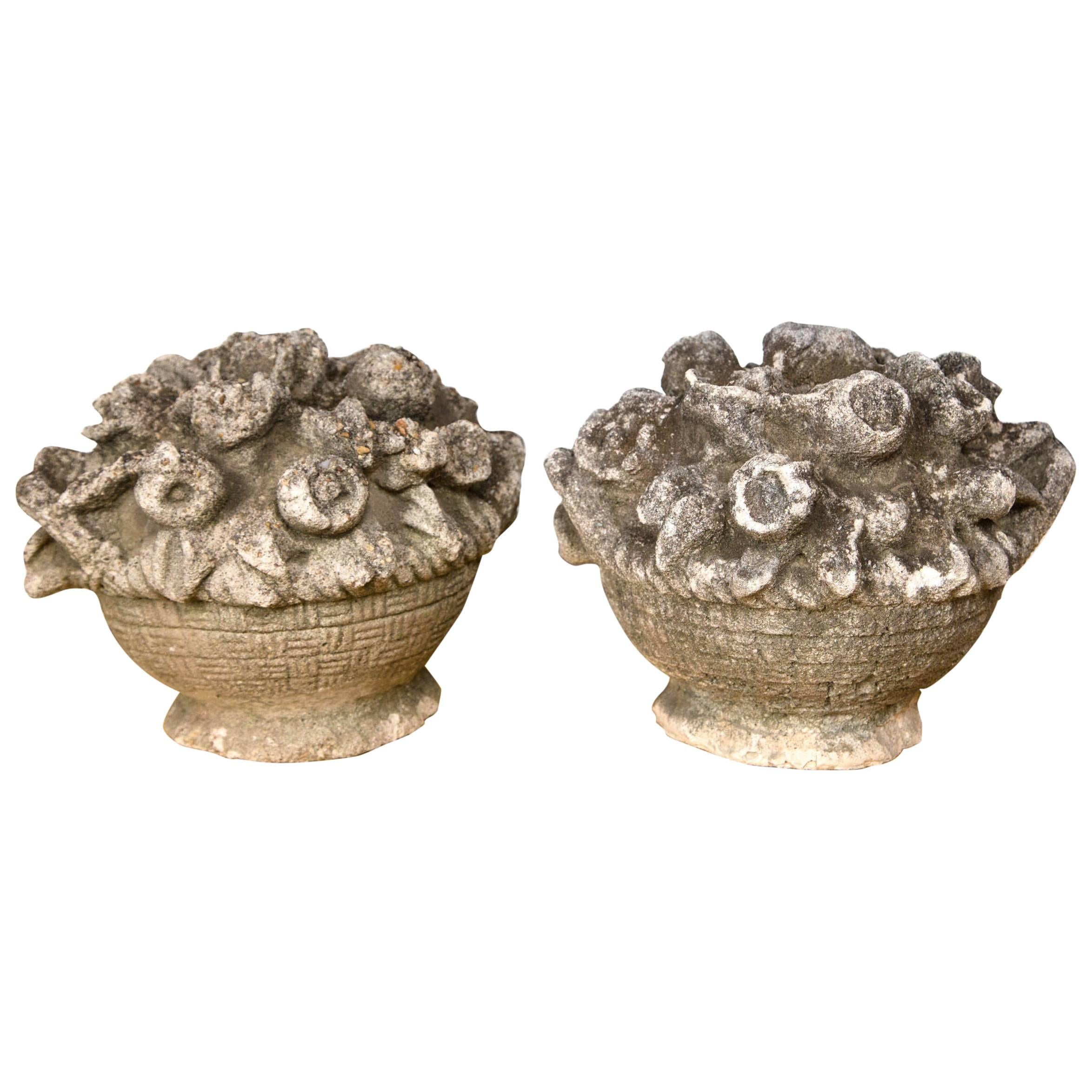 Pair of Cast Stone Baskets of Flowers from England