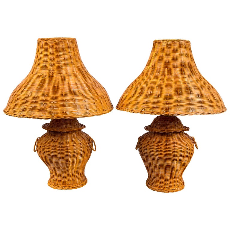 Pair of Natural Wicker Lamps and Shades at 1stDibs