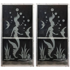 Paar Meerjungfrauen-Paneele aus geätztem Glas