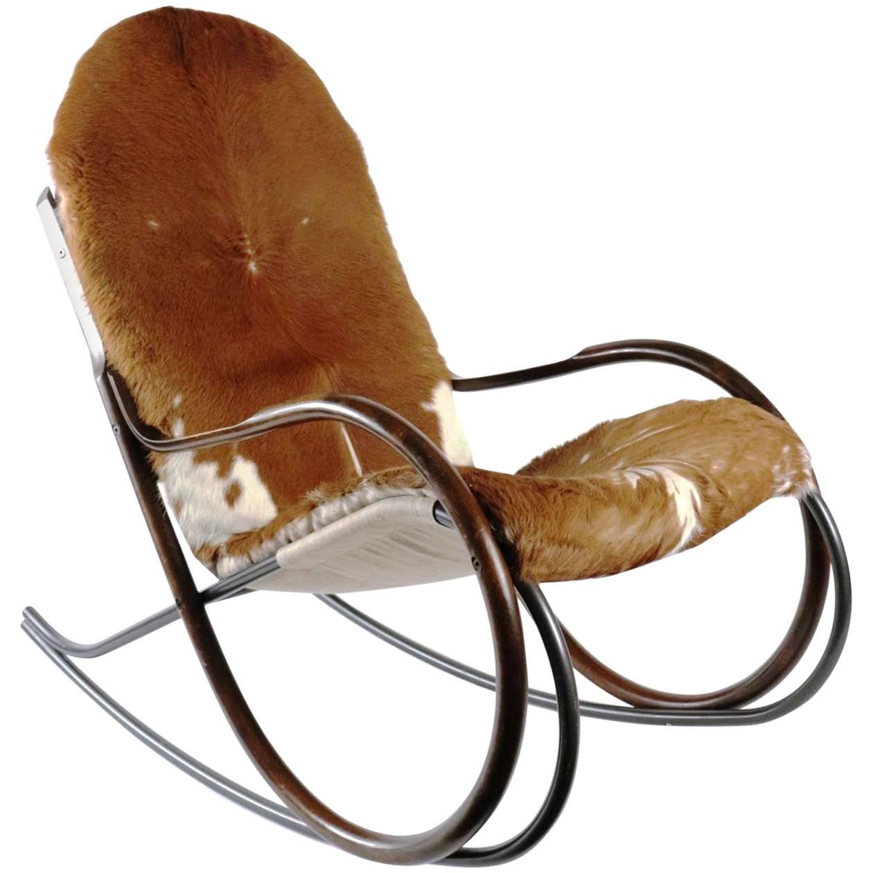Rare and Original Nonna Rocking Chair, Paul Tuttle for Strassle, 1972 Cow Skin