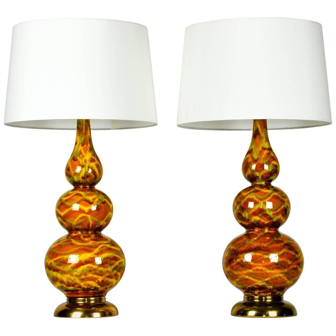 Vintage Porcelain Pair of Table Lamps with Brass Base