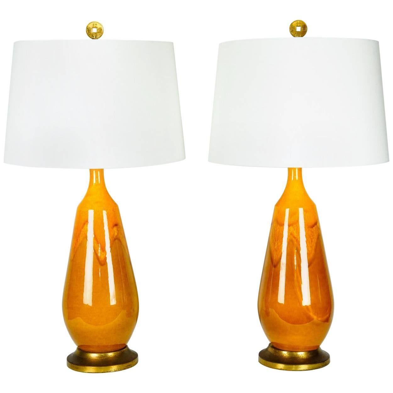 Vintage Pair of Porcelain Table Lamps with Brass Base