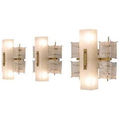Set of Three Wall Lights with Structured Glass and Brass