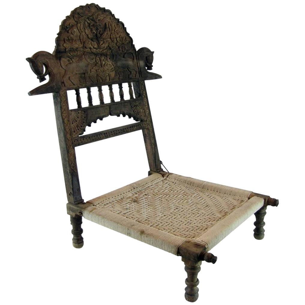 Indian Folding Tribal Hand-Carved Teak Pida Low Chair  