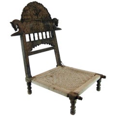 Antique Indian Folding Tribal Hand-Carved Teak Pida Low Chair  