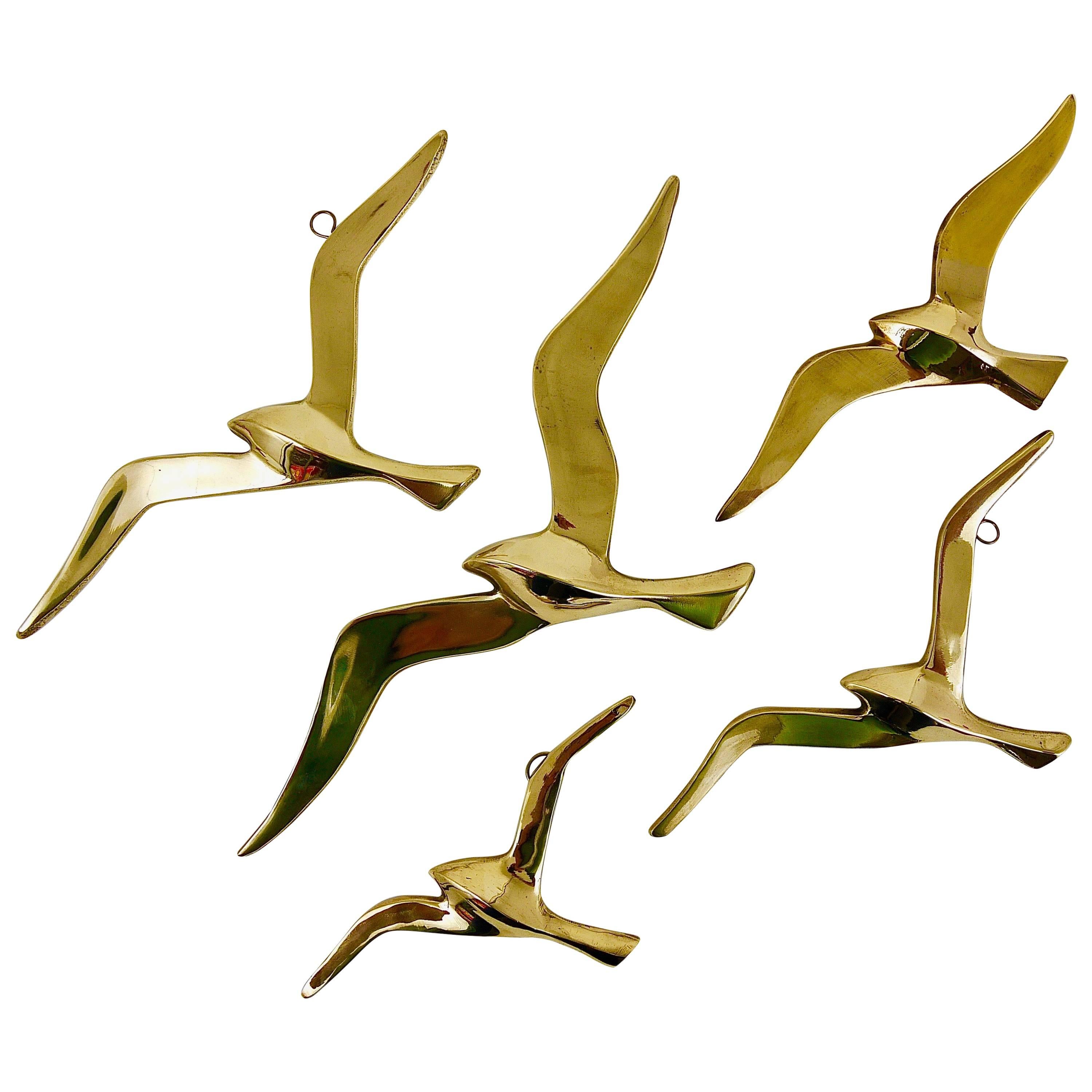 Five Wall-Mounted Midcentury Seagull Bird Brass Sculptures, Austria, 1950s