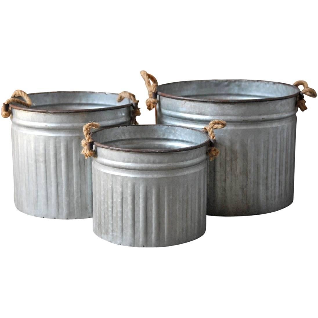 Set of Three Zinc Metal Tub Planters