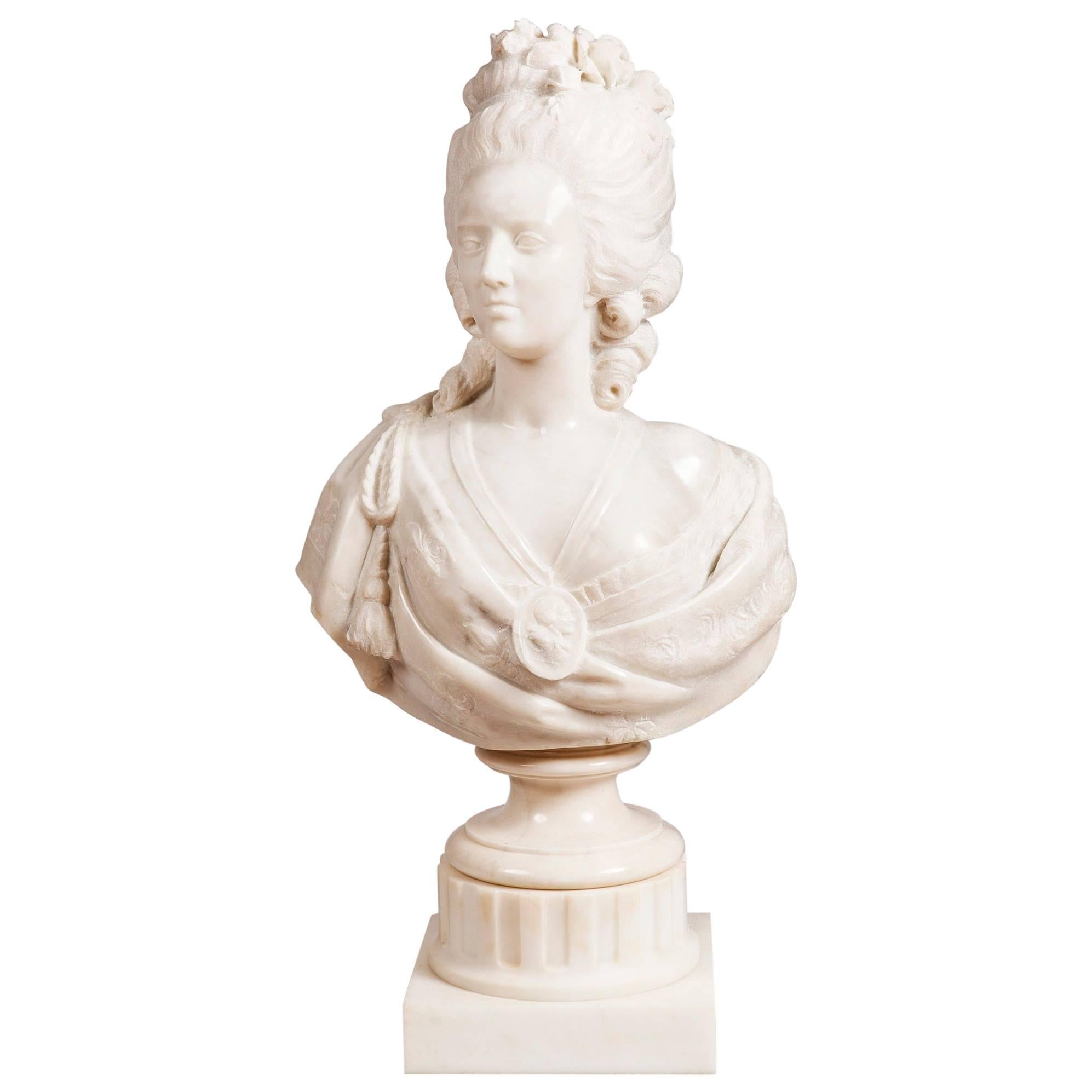 19th Century French Carrara White Marble Bust of Marie Antoinette